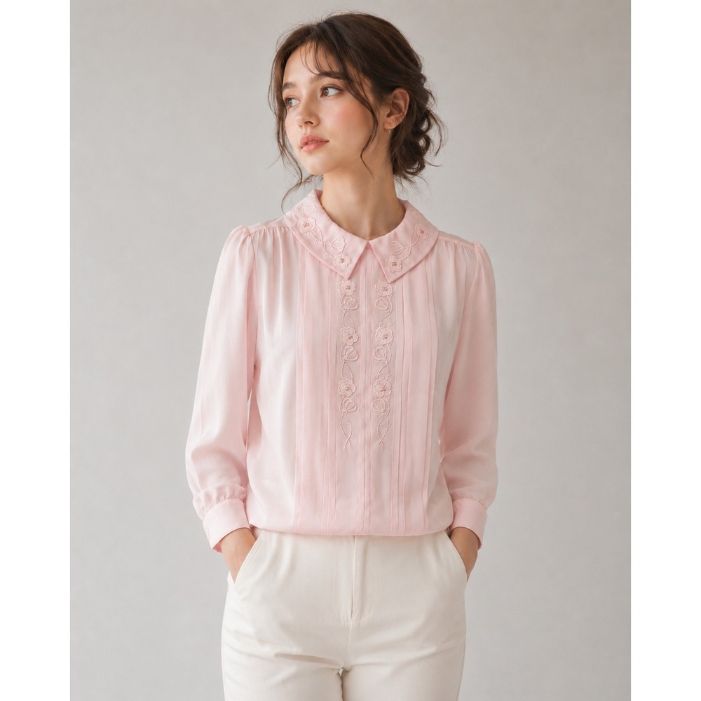 La Blouse Pink Floral Embroidered Beaded Chiffon Blouse Womens 10 Vintage 80s